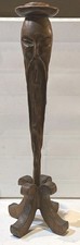 MCM Dark Stain Wood Hand-carved Long Face Abstract Art Candle Holder 22”T picture
