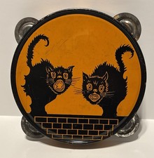 Vintage Halloween Tin Litho Tambourine Noisemaker J Chein Two Hissing Black Cats picture