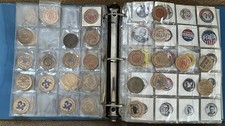 LARGE ALBUM FULL OF HUNDREDS OF VINTAGE WOODEN NICKELS, POLITICAL PINS IN BINDER picture