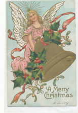 Christmas Postcard - Angel Holding a Large Gold Bell w/ Holly used 1908 picture