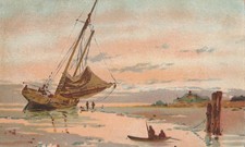Seascape with Sail boat ,Grounded, litho picture