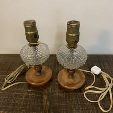 1 Pair Vintage 1950's Hobnail Clear Glass , Wood Base, TABLE LAMPS Works picture
