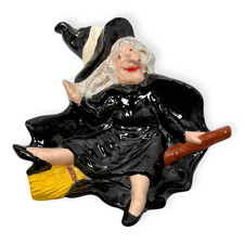 Vintage 1983 Nowell Mold Ceramic Halloween Witch on Broom Trinket Catchall Dish picture