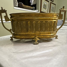 Antique Art Deco / Nouveau Brass Jardinière Planter Repoussé Footed Centerpiece picture