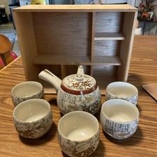 Vtg Kutani Gyoshu Porcelain Tea Set Birds Blossoms Kyusu 5 Cups Signed Wood Box picture
