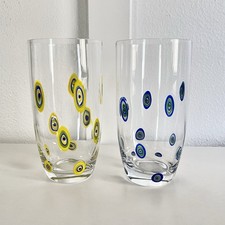 VTG Millefiori Murano Style Water Art Glass Tumblers Blue Yellow Pair Set MCM picture