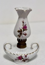 Vtg RoseBud Floral Oil Lamp GenieAladdin Porcelain Japan FingerLoop Goldtrim picture