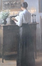 Vintage Photochrome Postcard Woman Reading by Candlelight 5.5x4
