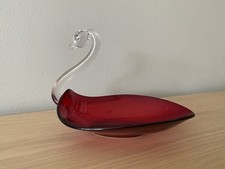 Vintage Mid-century Ruby Red Art Glass Swan Dish  9
