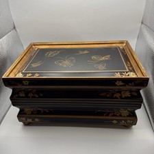 Japanese Vintage Style Jewelry Box Black And Gold With Hand-Painted Butterflies picture