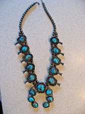 Vintage Navajo Squash Blossom Sterling Silver Necklace with Turquoise Stones picture