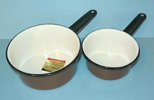 2 Vtg. CINSA Porcelainware Enamelware NORMANDY Brown & White Cookware Pots ~ NOS picture