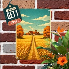 Wheat Field Country Mansion Estate Tin Sign Vintage Rural Landscape Wall Plaque picture