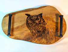 Handmade Live Edge Olive Wood Rustic Charcuterie Board Detailed Owl Woodburning picture