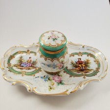 Antique Porcelain Inkwell Hand-Painted Roses Romantic Scenes For Burley Chicago  picture