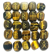Tigers Eye 25 Pcs Carved Rune Set Crystal Healing Stone Reiki Gift Wellness picture