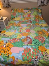 Vintage 70s JP Stevens Utica Botanical Zoo Twin Flat Sheet psychedelic Jungle picture