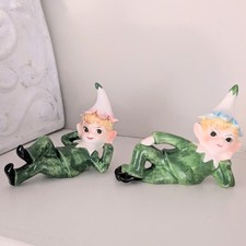 Vintage Set of 2 Norcrest? Japan Flower Pixie Elves Ceramic Figurines Kitsch picture