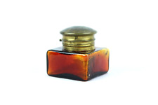 Vintage Amber Glass Ink Pot: Brass Fitted Cap, Small Collectible Inkwell picture