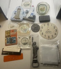 Vintage Junk Drawer Lot Ashtrays Bottle Opener Wooden Lighthouses Clock Faces picture