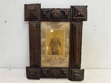 Antique 19th Century Tramp Art Wooden Carved Frame with Prussian Solider Photo picture