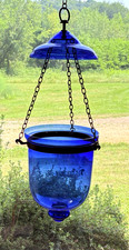 Hand Blown Glass Bell Jar Hanging Hundi Lantern Lamp Cobalt Blue Planter 32