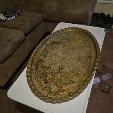 Antique English Brass Serving Tray Platter OVAL Grape Leaves Hanging 1930s picture
