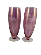 Two Vintage Cranberry Glass 10.5 “ Tall Etched & Footed Vases With Floral Design picture