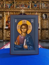 Christ Emmanuel Orthodox Icon Hand Painted, 12x8 inch, 23.75k Gold Halo, picture