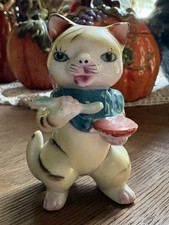 Vintage 1950s Japan Cute Striped Cat Kitten Blue Bib Eating W/ Bowl & Spoon MCM picture