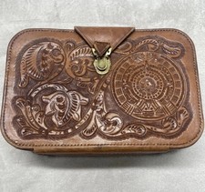 Vintage Leather Hand Tooled Lunch Box Travel Case Floral Aztec Medallion Lined picture