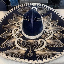 Vintage Authentic Mexican Sombrero Black Velvet With Spectacular White/silver picture