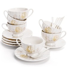 WRINGKIT Tea Cups Saucers Set 6 7oz Floral White Porcelain picture