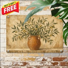 Olive Branch Still Life Painting Terracotta Vase Mediterranean Metal Art Sign picture