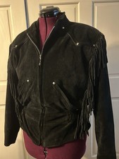 Harley Davidson Vintage 'USA Black Suede Fringe Motorcycle Jacket Size Large picture