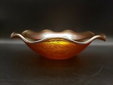 Vintage Amber Iridescent Floral Pattern Carnival Glass Ruffled Edge Bowl 9.5” picture