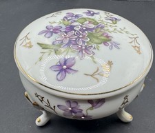 Vintage Porcelain Footed Trinket Box purple Floral Gold Guilt Vanity Dresser Jar picture
