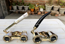 2 Antique Vintage Opera Glasses Binoculars White Mother of Pearl & Handle Brass picture