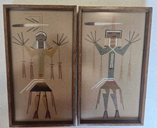 Vintage Lester Johnson Navajo Sand Paintings Pair 10x5 Signed Yei Holy God Set picture