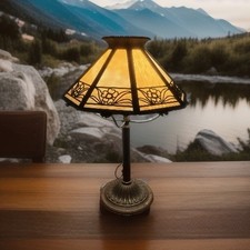Antique Bradley Hubbard Signed 21” Slag Glass Lamp With Scenic Overlay picture
