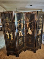 Dancing Geisha Antique Japanese Wooden Hand painted Abalone Embellished Screen picture