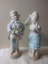 Antique German Bisque  Figurine Pr Colonial Style Man & Woman w Mirror Fine 9