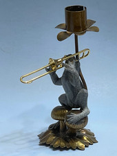 Vintage Petites Choses Mixed Metal Frog Trombone Candleholder 6” Music Decor picture