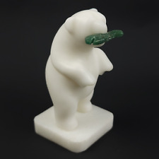 Cassiar Jade Figurine Carved White Marble Bear Green Fish In Mouth Statue 3.5