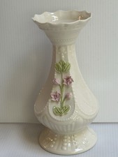 VTG BELLEEK IRELAND MILLENIUM 2000 BLAK MARK EMBOSSED FLORAL DRAPED VASE 7”H picture