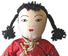 Vintage Asian Chinese Cloth Doll Girl with Pigtails Handmade picture