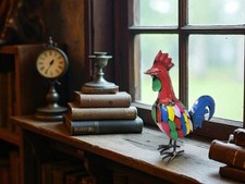 Rustic Small 9 Inch Tall Repurposed Scrap Metal Rooster Chicken Statue Home Farm picture