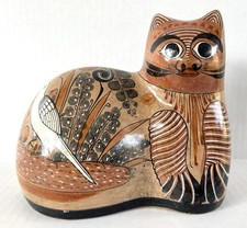 Tonala Pottery Kitty Cat Sculpture Hand Painted Mexican Folk Art picture