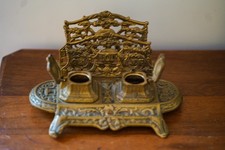 Antique French Ornate Brass Double Inkwell Desk Organizer picture