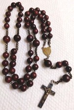 Antique 1800's Rosewood Blessed France Rosary Upside Down Virgin Mary Center picture